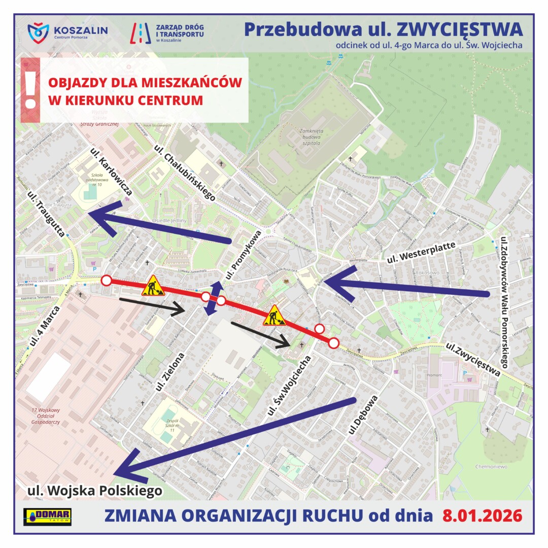 Rusza kolejny etap prac na ul. Zwycięstwa w Koszalinie – od czwartku zmiany w organizacji ruchu